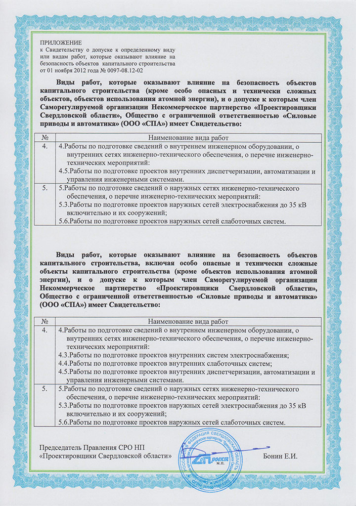 Приложение к свидетельству СРО